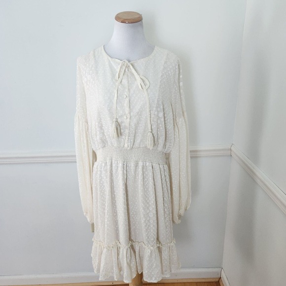 Lulus Dresses & Skirts - New Lulus Dress XL Swiss Dot Peasant Long Slv Cream Womens Casual Party …